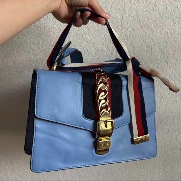 Gucci Sylvie Light Blue Crossbody Bag with Red and Gold Details - Picture 7 of 16